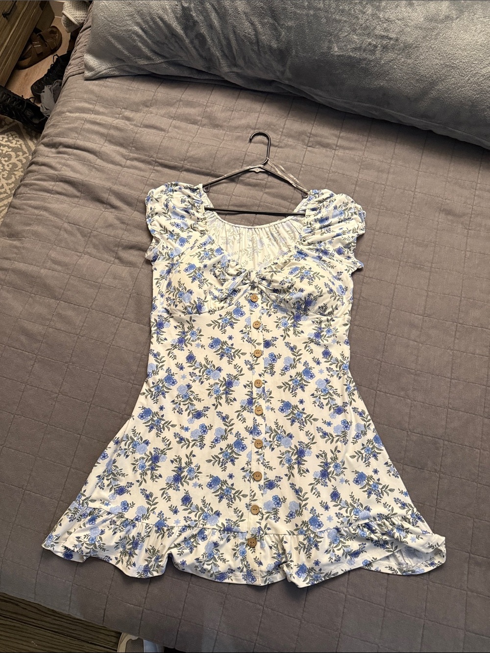 No Boundaries White Dress with Blue Floral Print and Ruffle Hem